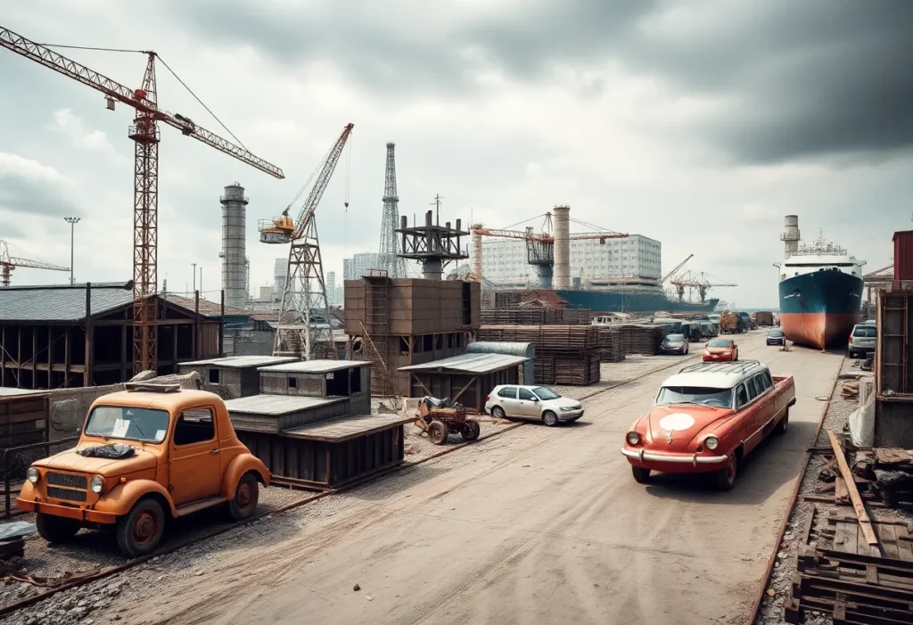 Diagram depicting the historical uses of asbestos in construction, automotive, and textiles.