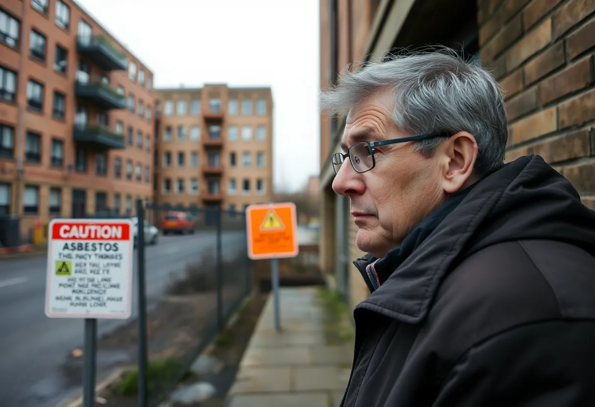 A resident looking worried about asbestos at a building site in Glasgow.