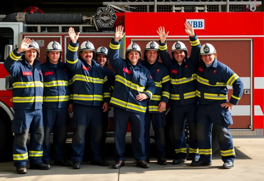 Firefighters celebrating the announcement of expanded cancer coverage