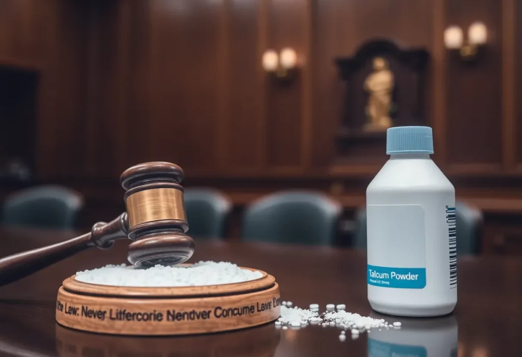 A gavel next to a talcum powder bottle on a courtroom desk