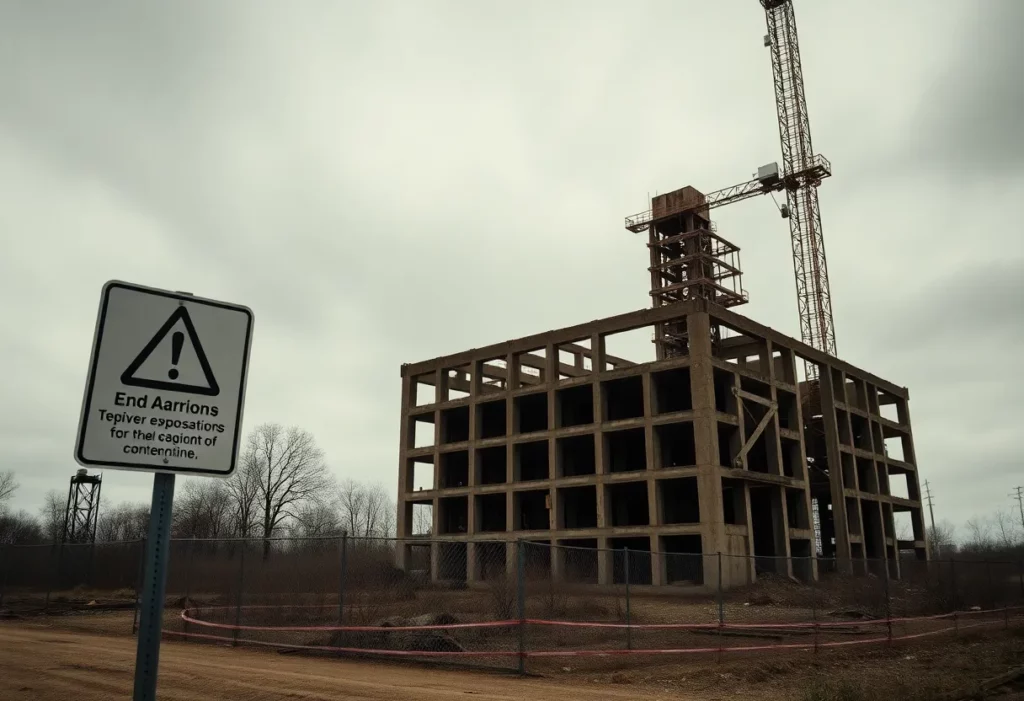 Historical Alabama construction site with asbestos warning signs