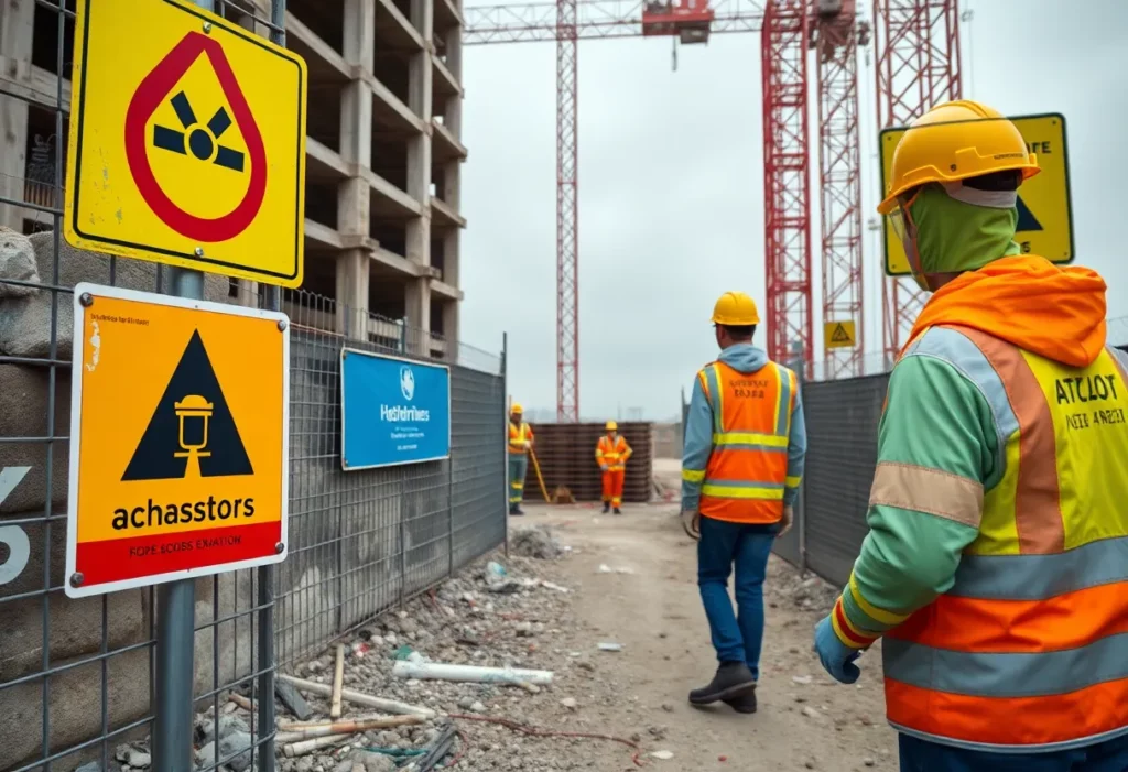 Workers at Albuquerque Gateway Center wearing personal protective equipment amidst signs of hazardous materials.