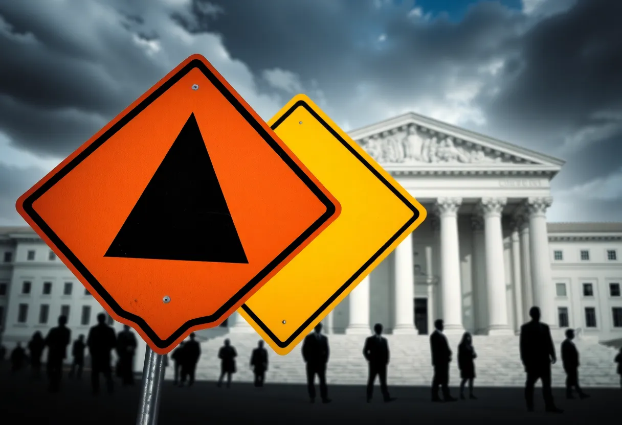 Symbolic representation of asbestos awareness with court buildings in the background.