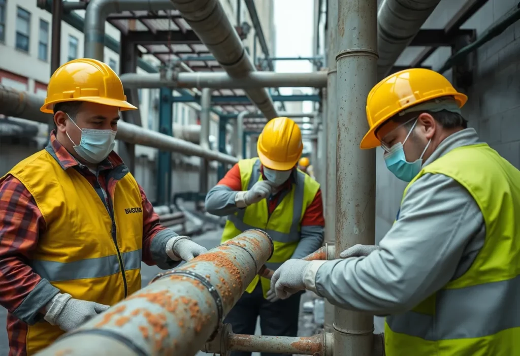 City workers handling asbestos pipes without protective gear