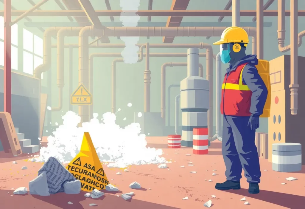 An illustration depicting the dangers of asbestos in industrial workplaces.