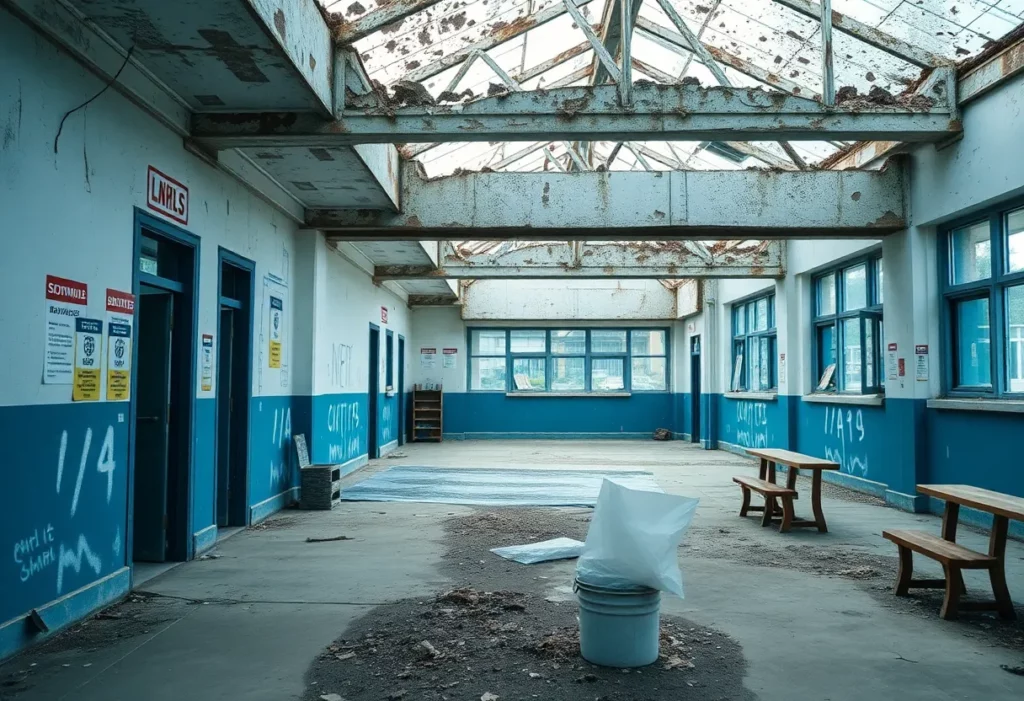 Deteriorating school building with asbestos warnings