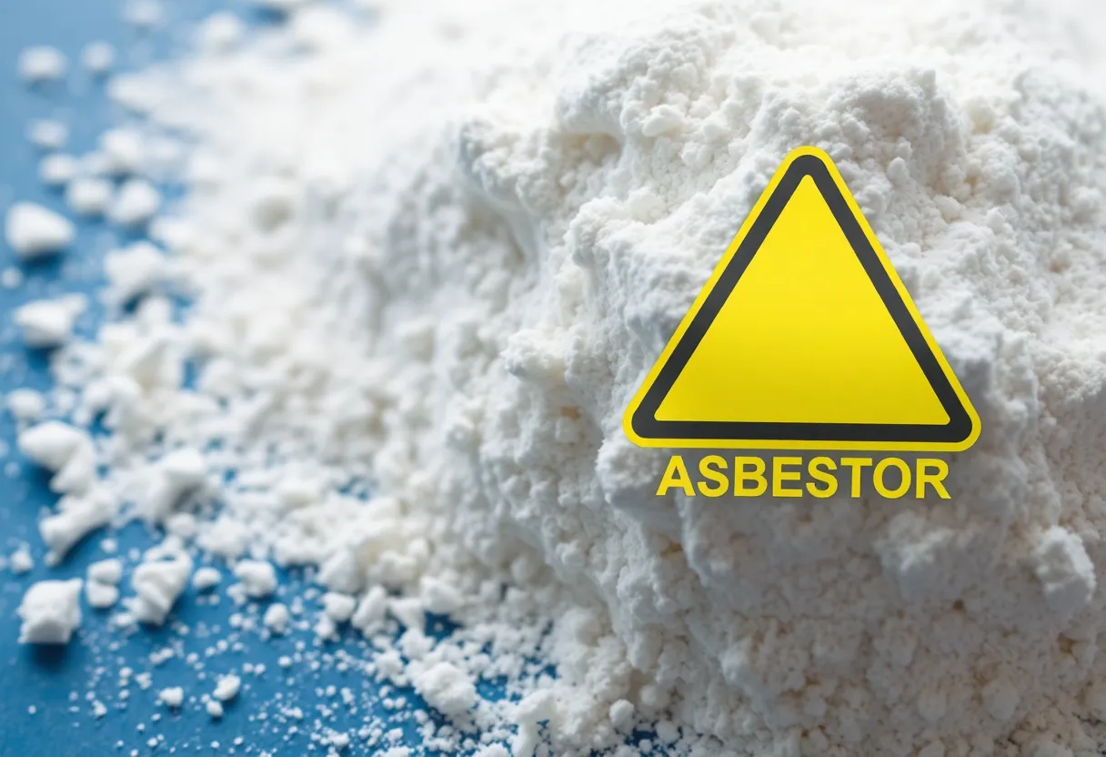 Close-up of talc powder with a warning symbol about asbestos.
