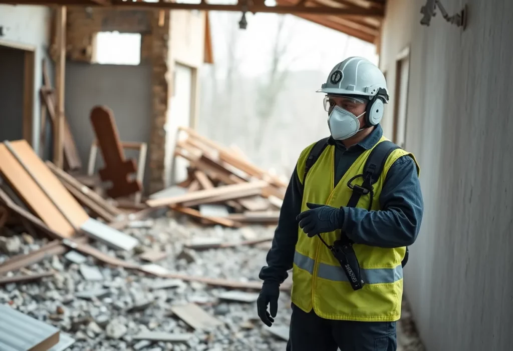 First responder inspecting for asbestos in a damaged building