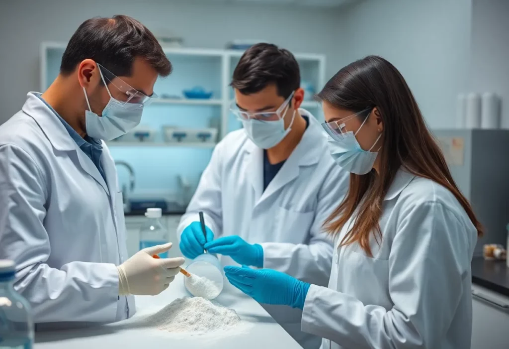 Scientists analyzing talc samples for asbestos contamination.