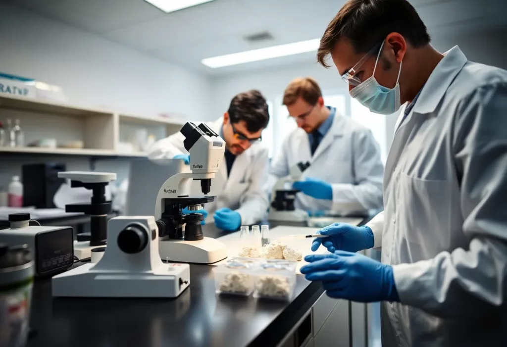 Scientists conducting asbestos testing on talc samples