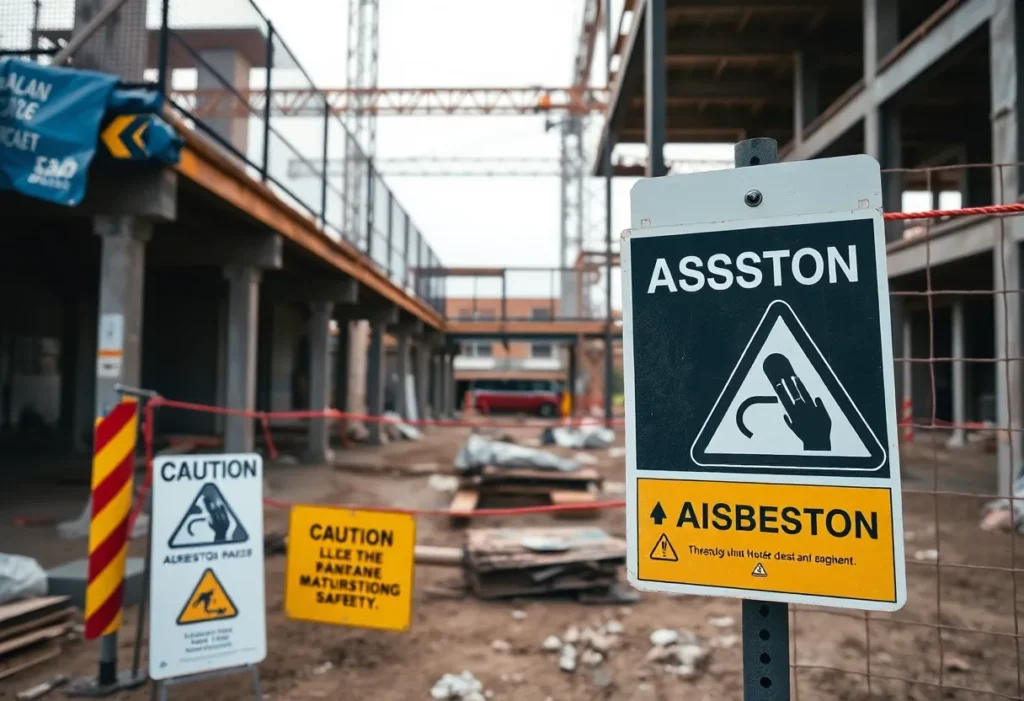 Construction site with caution signs about asbestos safety