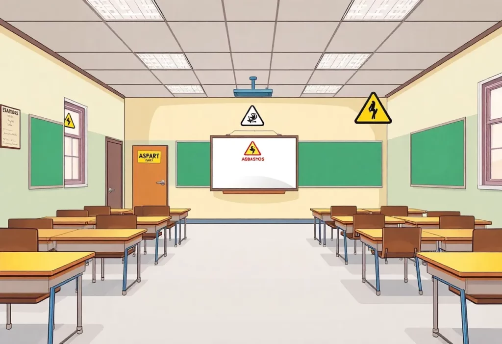 Warning signs for asbestos in an empty school classroom