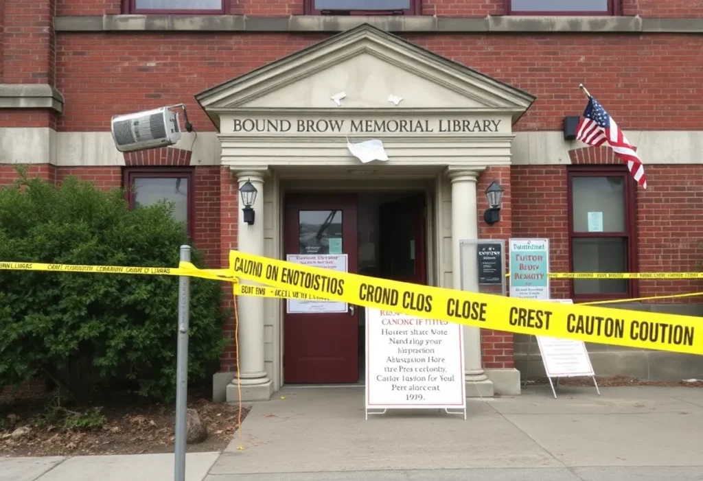Bound Brook Memorial Library with closure signs due to asbestos.