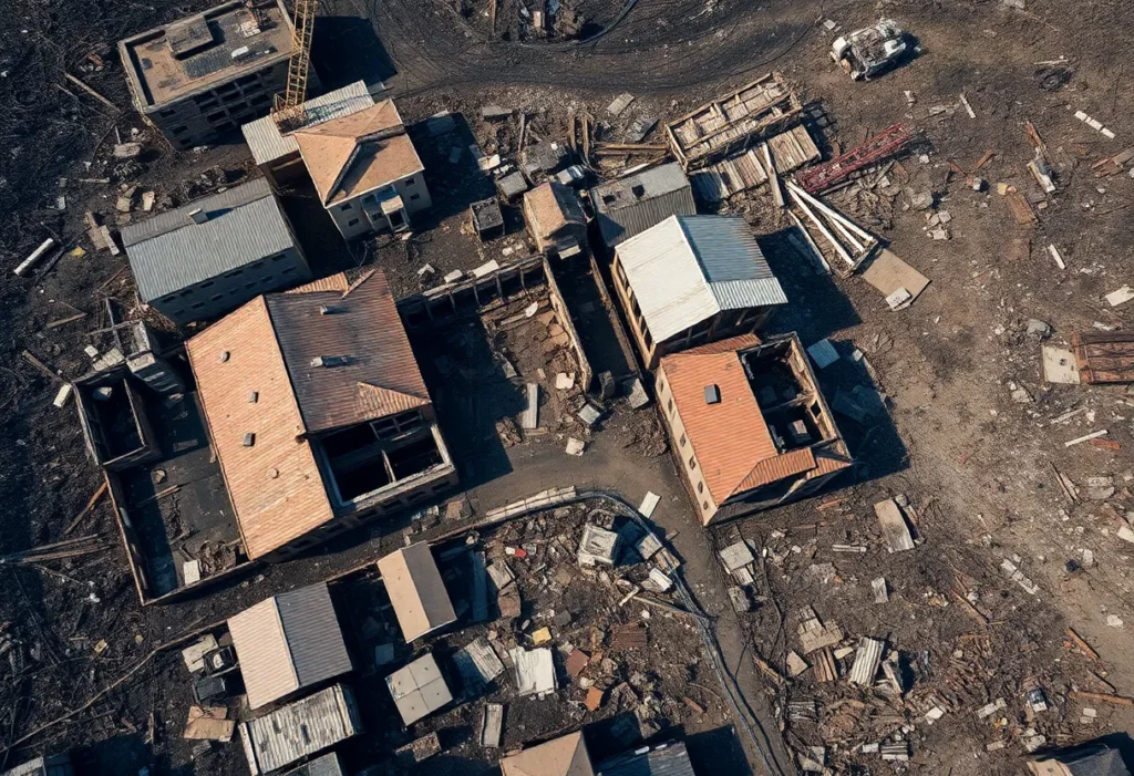 Aerial view of burned structures in California with asbestos warning signs.