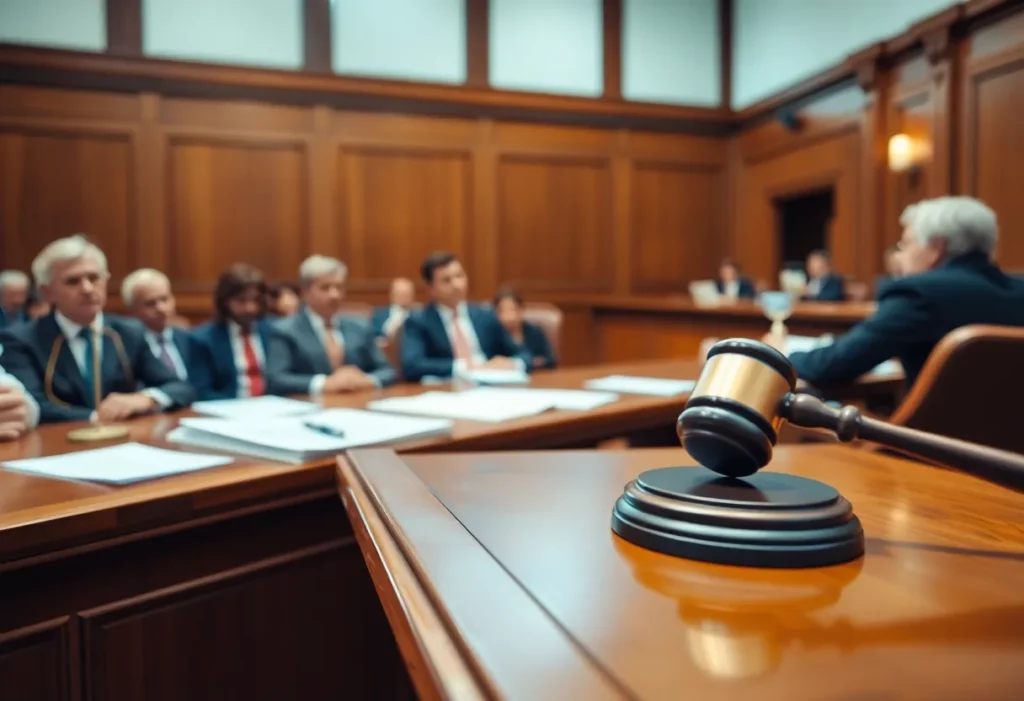 Courtroom scene depicting the trial for asbestos exposure case