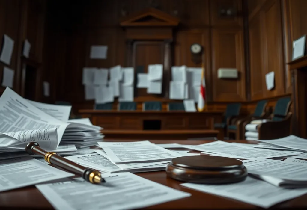 Courtroom with legal documents depicting battles against asbestos companies.