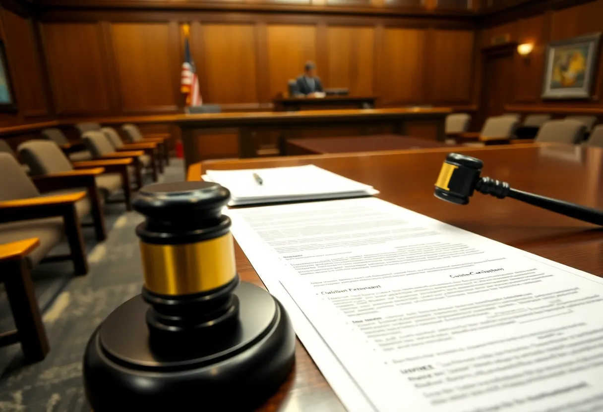 Courtroom setting with legal documents related to talcum powder lawsuit