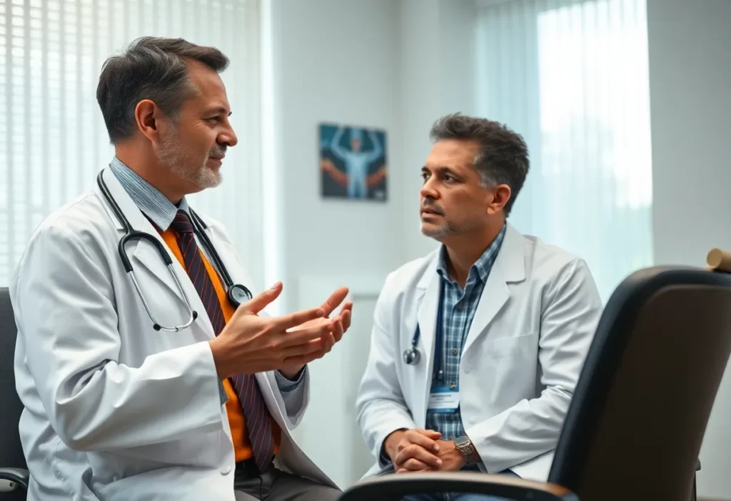 A doctor explains mesothelioma treatment options to a patient.