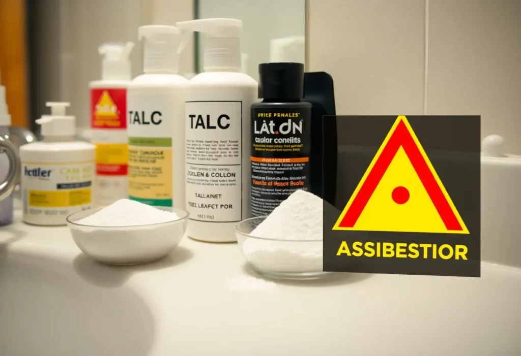 Talc cosmetic products with safety labels regarding asbestos testing