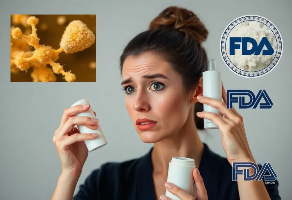 A woman concerned about the safety of talc-containing cosmetics, with asbestos fibers in the background.