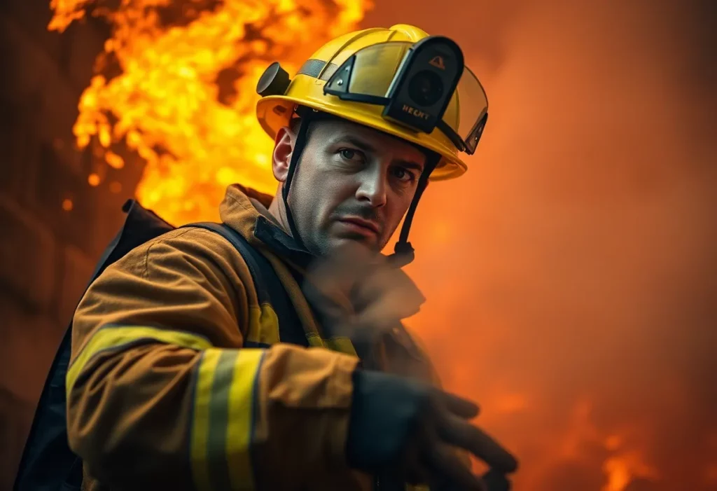 A firefighter facing the dangers of asbestos exposure while battling a fire.