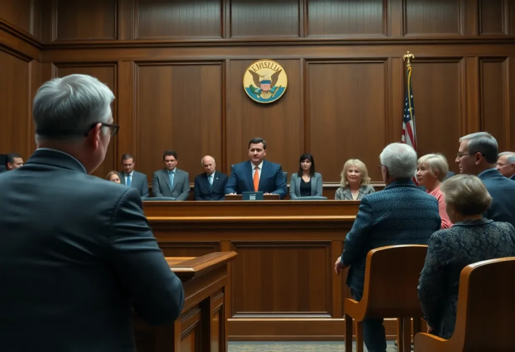 Courtroom scene of a mesothelioma case verdict announcement.