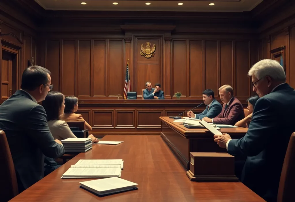 Courtroom scene representing a major asbestos exposure case