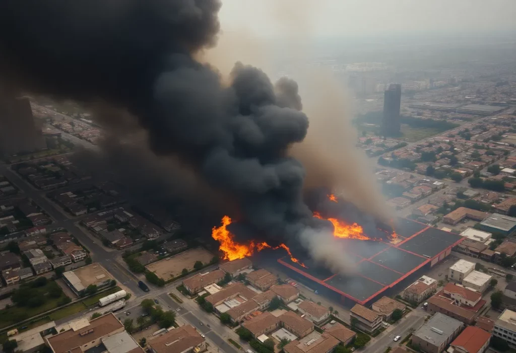 Wildfires raging in Los Angeles with smoke and emergency responders in sight.