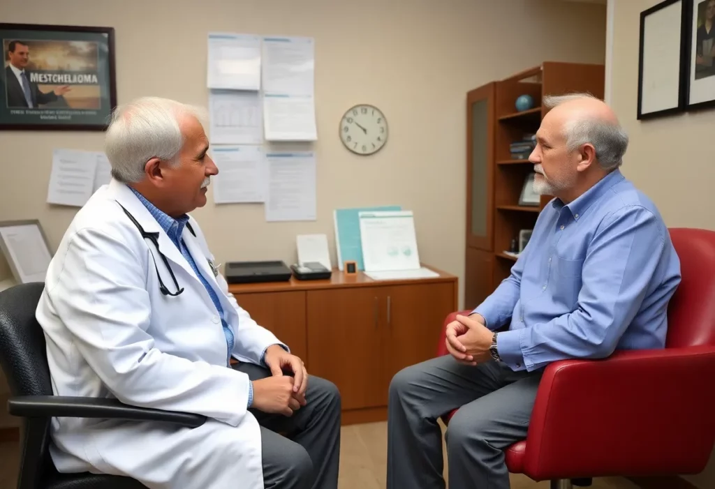 Doctor explaining mesothelioma basics to a patient in a medical setting.