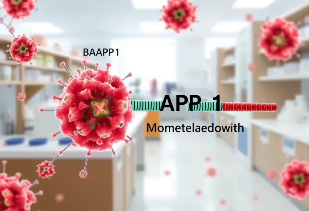 Molecular biology and cancer research representation focusing on mesothelioma and BAP1 gene.