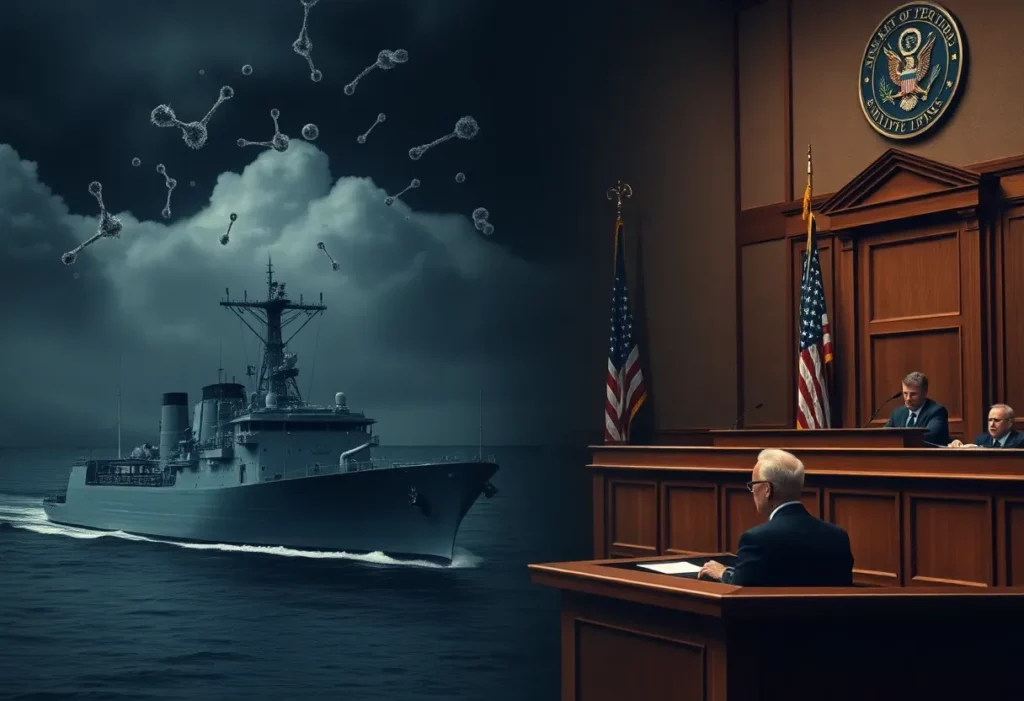 Navy veterans standing in front of a ship, highlighting mesothelioma risk.