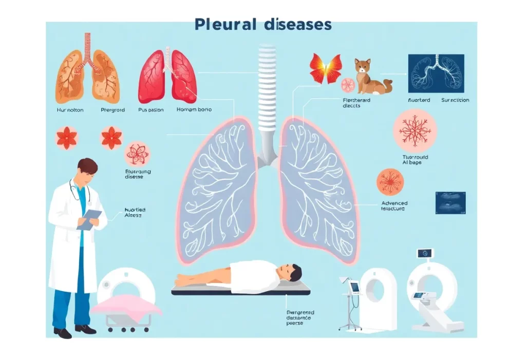 Medical illustration showcasing pleural diseases and diagnostic tools
