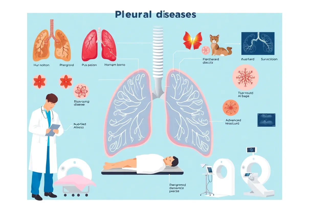 Medical illustration showcasing pleural diseases and diagnostic tools