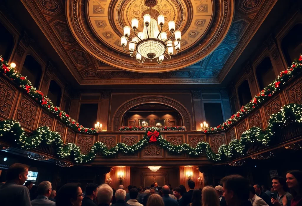 The interior of Rialto Square Theatre decorated for the holidays.