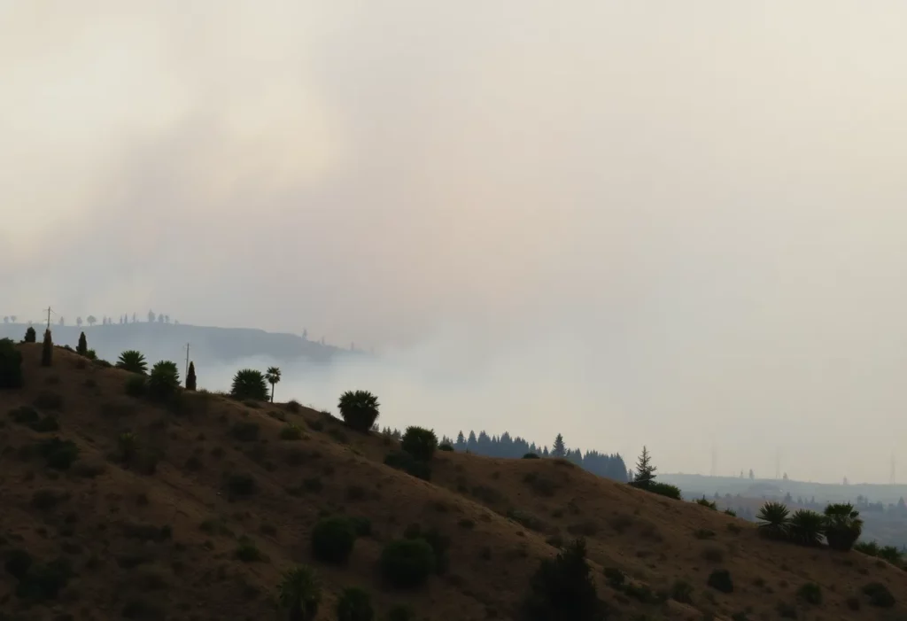 Aerial view of Southern California wildfires with smoky skies.