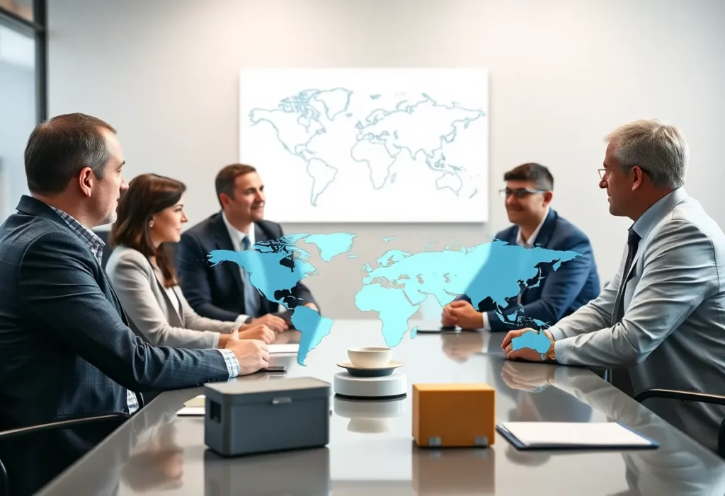 Healthcare executives discussing strategic partnership for oncology treatments