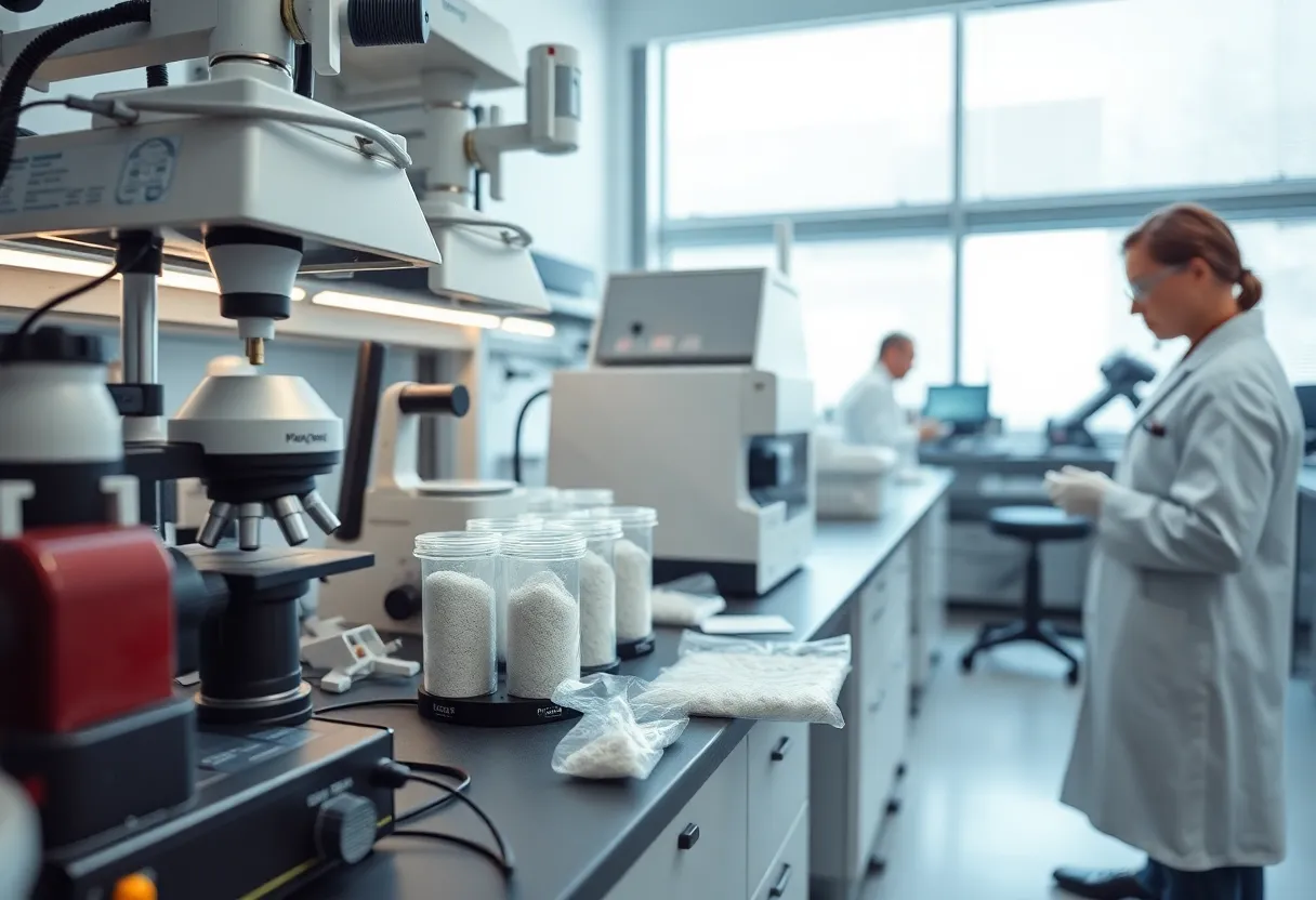 Scientists testing talc samples for asbestos contamination in a lab.
