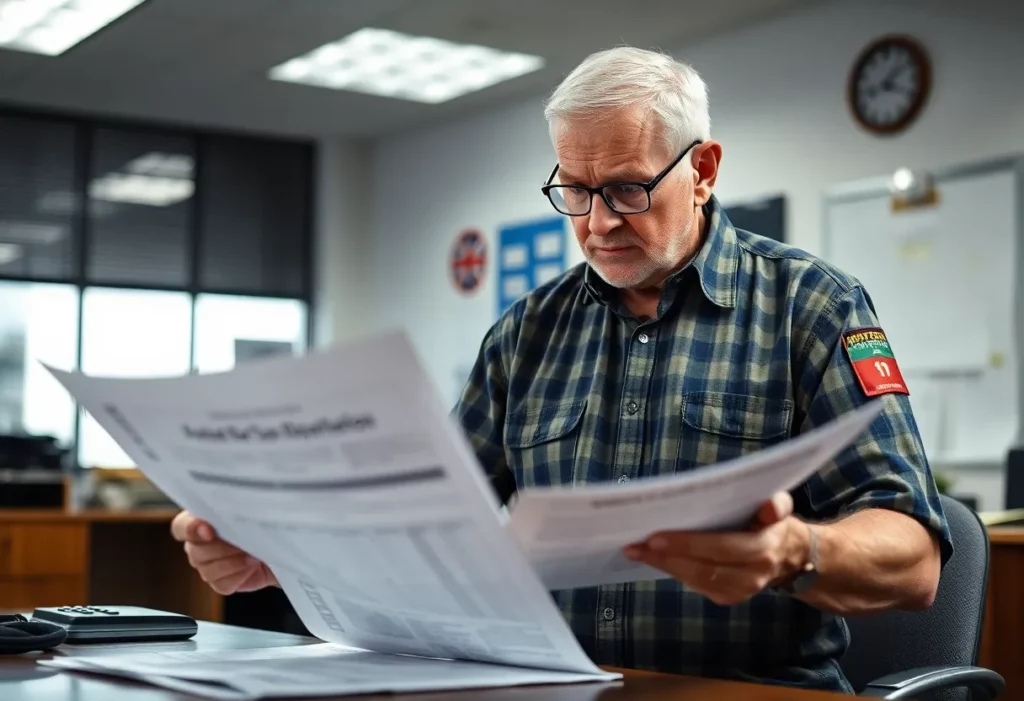 A worried veteran examining documents related to asbestos compensation