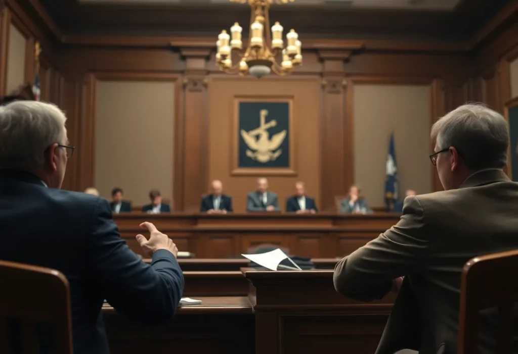 A courtroom scene illustrating the fight for justice in a mesothelioma lawsuit.