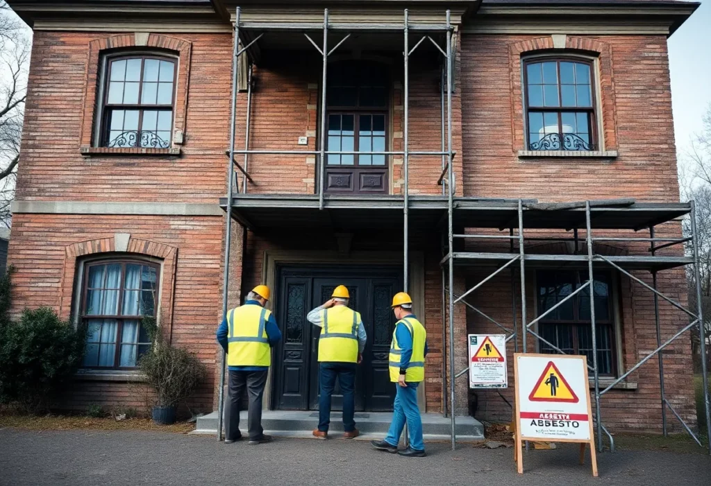 Construction workers removing asbestos from Waveny House