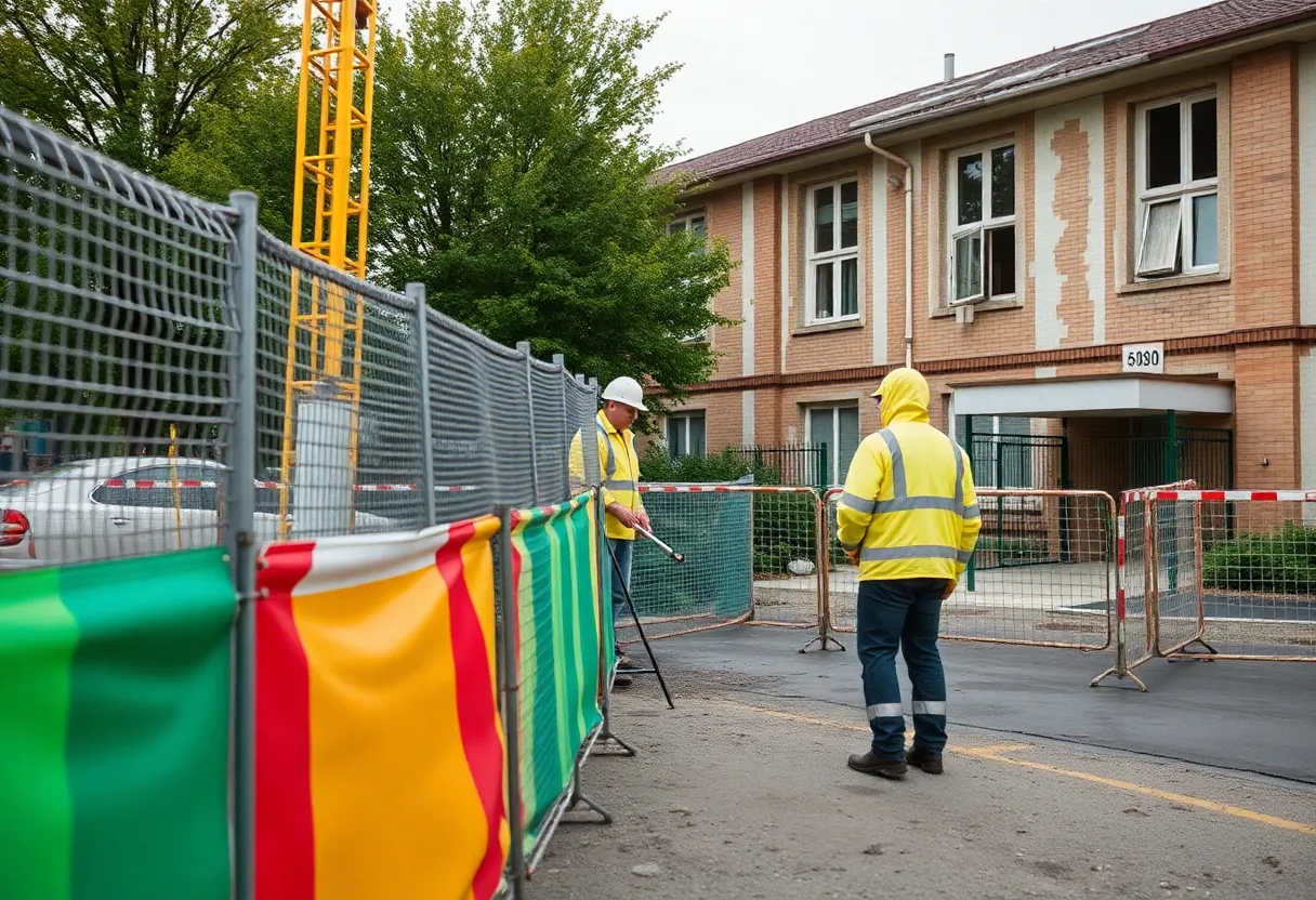 Workers performing asbestos abatement at Hutchinson High School.