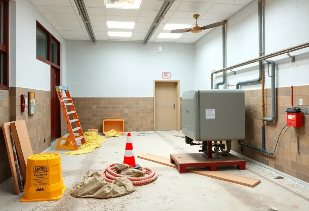 Workers conducting asbestos abatement at a school renovation site.