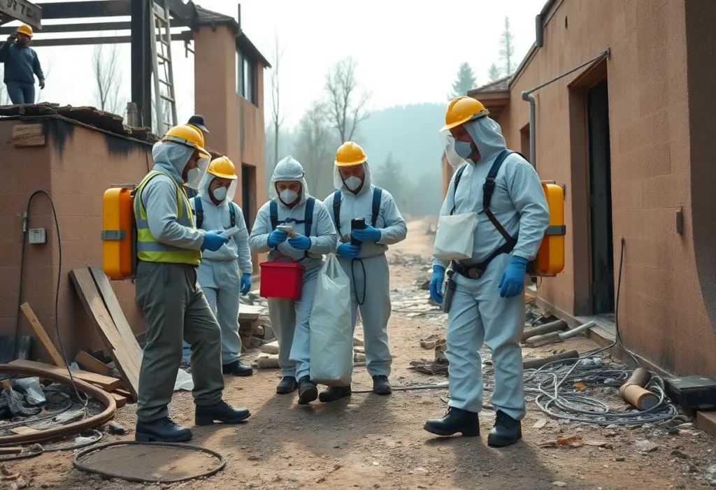 Team of asbestos abatement professionals working in wildfire impacted area.