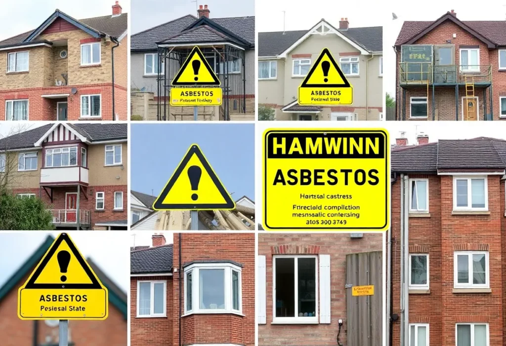 Warning signs about asbestos outside residential buildings under repair
