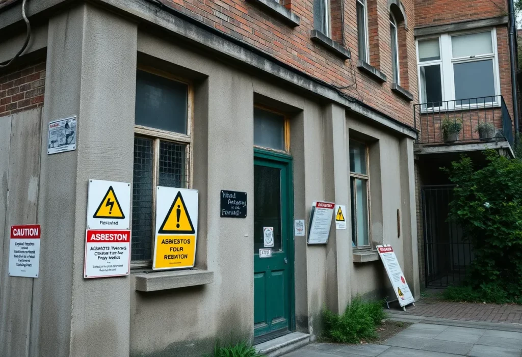 Warning sign for asbestos in an older building under renovation