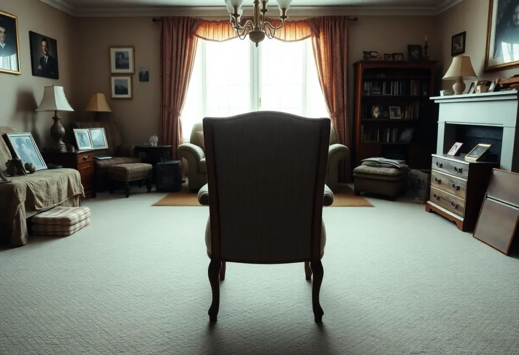 An empty chair with family photos representing loss due to asbestos exposure