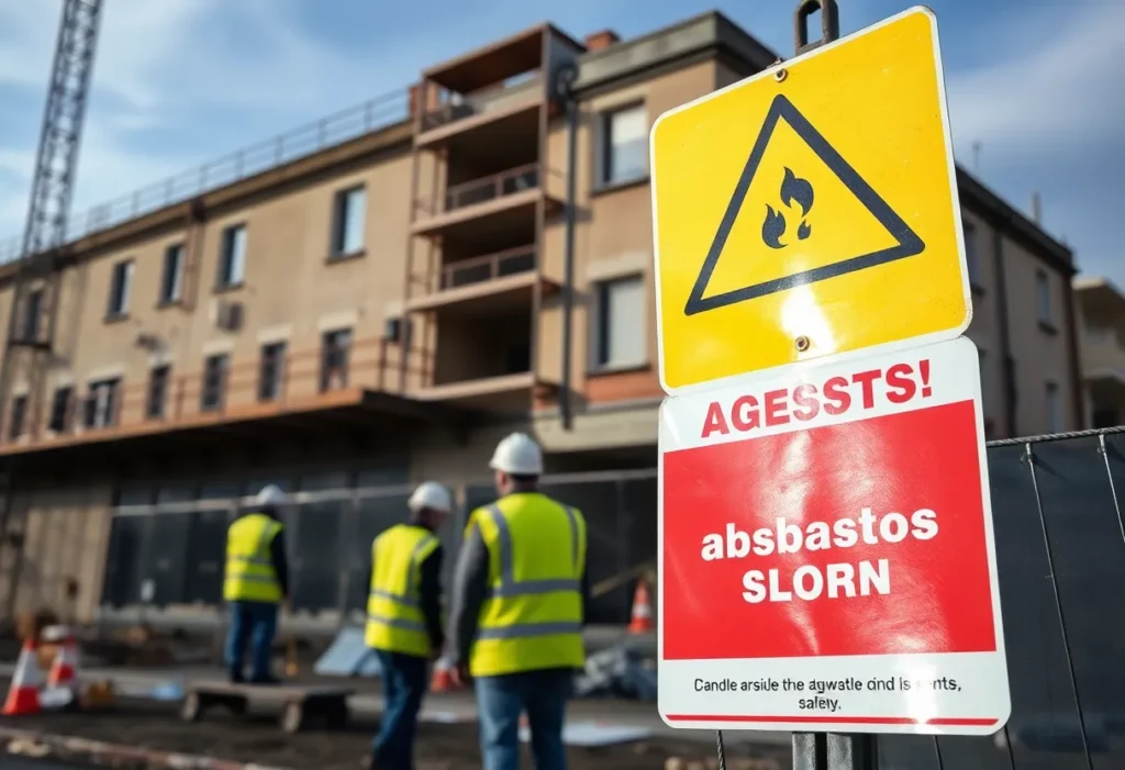 Workers at a construction site focusing on asbestos awareness and safety training.