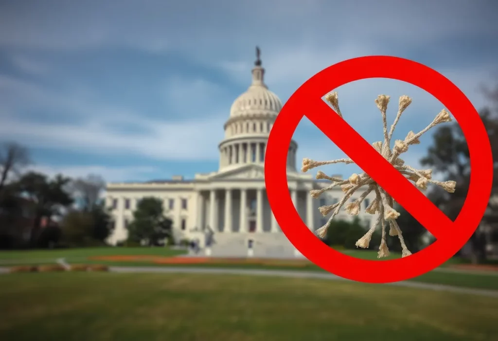 Asbestos fibers with U.S. legislative buildings in the background symbolizing the recent asbestos ban.