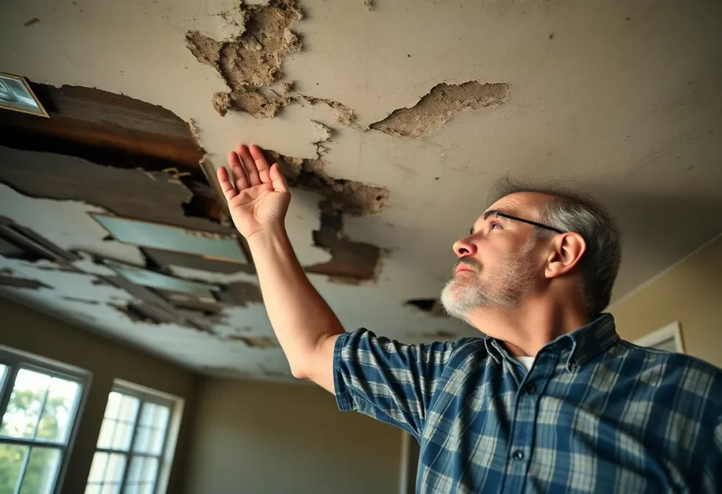 Resident inspecting ceiling with asbestos warnings