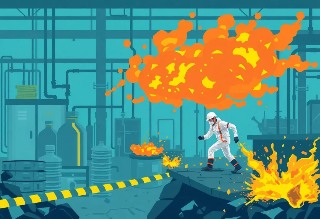 Illustration depicting the risks of asbestos contamination in products and workers handling hazardous materials.